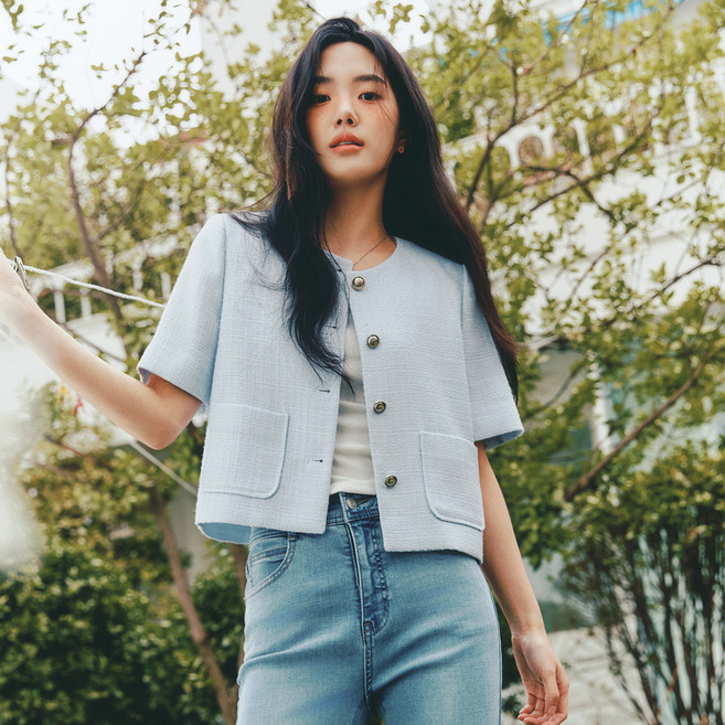 Roem 女款無領粗花呢短袖外套