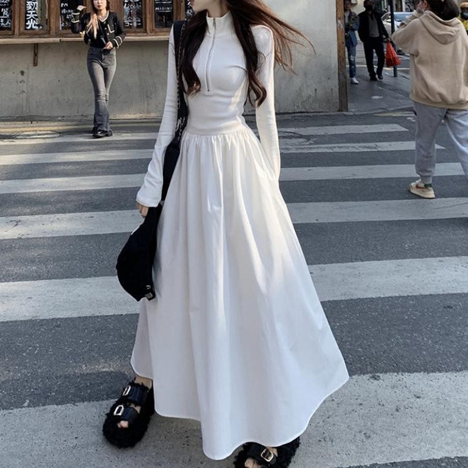 피어니스트 폴라 터틀넥 지퍼 반집업 롱 원피스