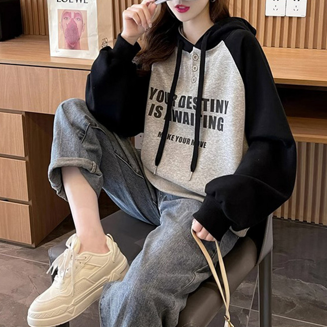 메이첼 그라니아 배색 레터링 숏 나그랑 후드티 11447