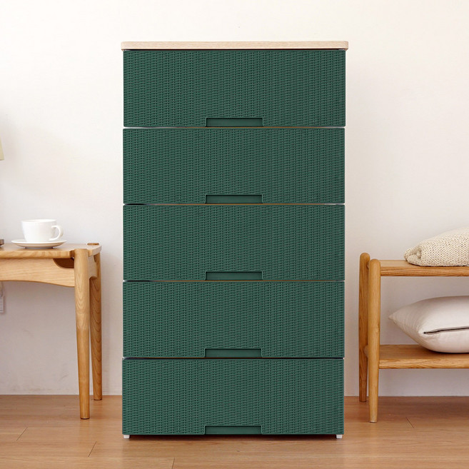 보노하우스 국내 제조 라탄플러스 우드상판 서랍장, 5단, 딥그린