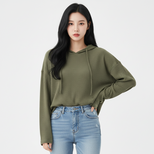 마켓피아 여성용 와플 루즈핏 후드 긴팔 티셔츠