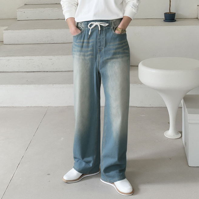 블루포스 남성용 서티본 와이드 밴딩 10부 포켓 데님 청바지