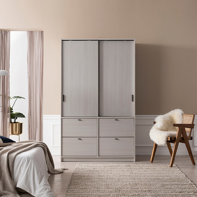 리바트 토피 슬라이딩 옷장 1200 짧은옷 서랍형 방문설치, 화이트오크