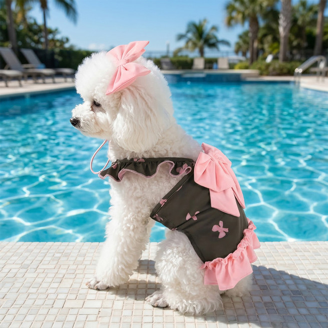 웨이비데이즈 반려동물 리본프릴 원피스 수영복 + 리본 세트 W265-0157BRM, 브라운, 1세트