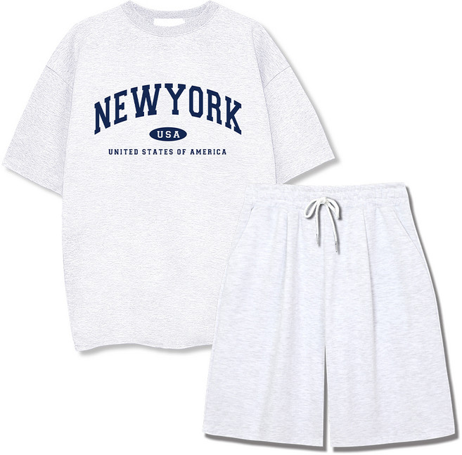 일루소 남녀공용 특양면 뉴욕USA 반팔티 + 버뮤다 원턱 반바지 트레이닝 세트