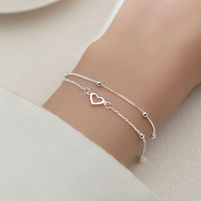 젤루나 여성용 슬림 볼 체인 레이어드 두줄 하트 팔찌 D-19