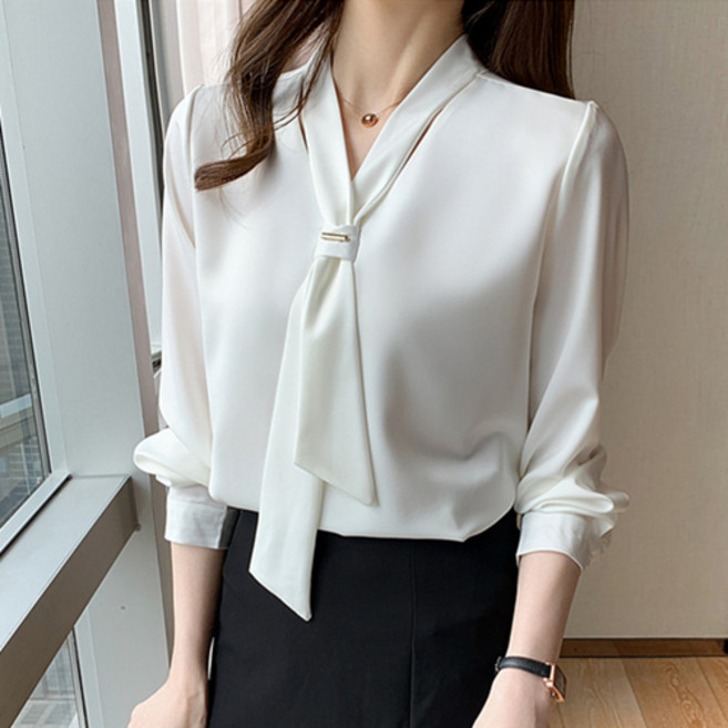 양놀 여성용 쉬폰 V넥 타이 긴팔 블라우스