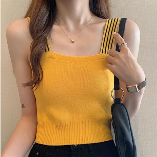 피어니스트 여성용 셀럽 니트 나시 탑 크롭 민소매 티셔츠