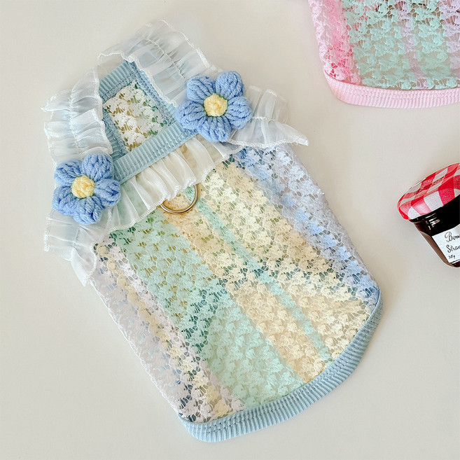 웨이비데이즈 반려동물 플라워 레이스 컬러풀 펫 나시 티셔츠 W265-0056, 레이스블루, 1개