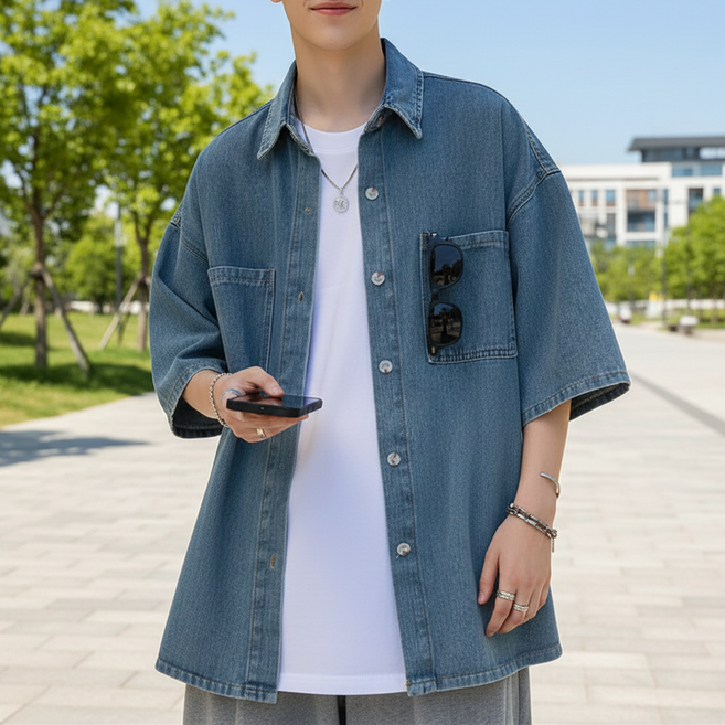 인피어스 남성용 써머 데님 반팔 셔츠 I263-92