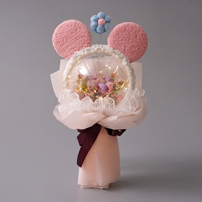 morningscent 츄파춥스 사탕꽃다발 발표 연주 축하 졸업식 머리띠 캔디볼 조명꽃다발, 핑크