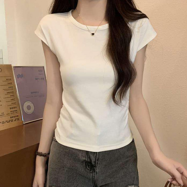 여성용 이슈안 라운드넥 캡소매 옆셔링 반팔 티셔츠