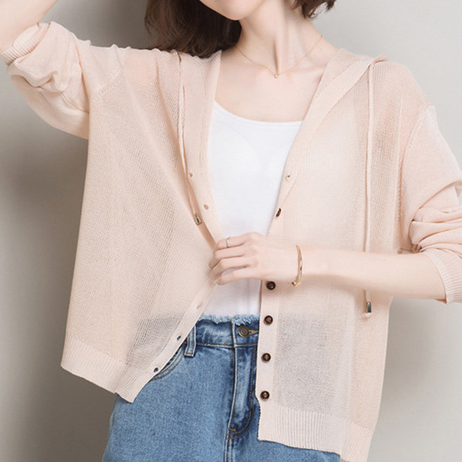 더시럽 여성용 시스루 니트 버튼 후드 가디건