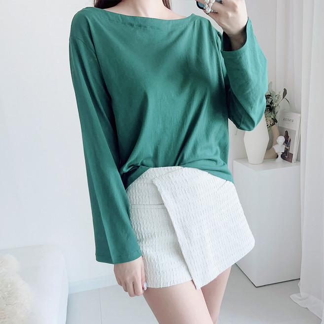 이지스튜디오 여성용 통기성 오프 숄더 마가렛 보트넥 긴팔 티셔츠