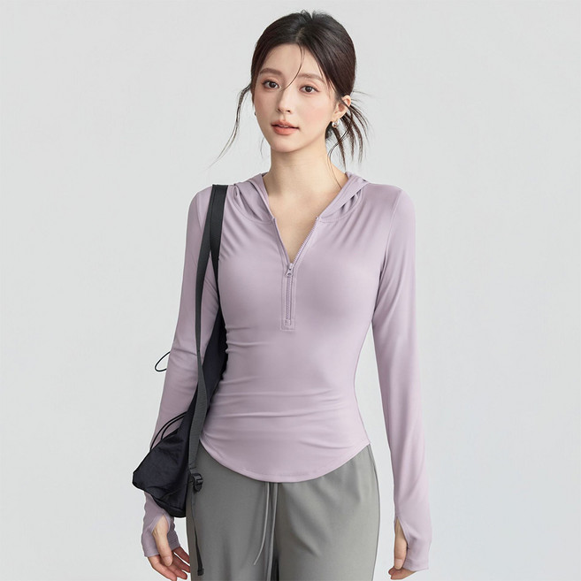 C.O.B 女款圓領半拉鍊指孔長袖連帽上衣