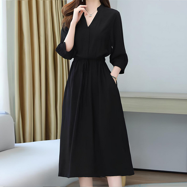 Papermintz Chic Hills 大尺碼 Nudiel 抽繩七分袖V領連身裙 12055, 黑色