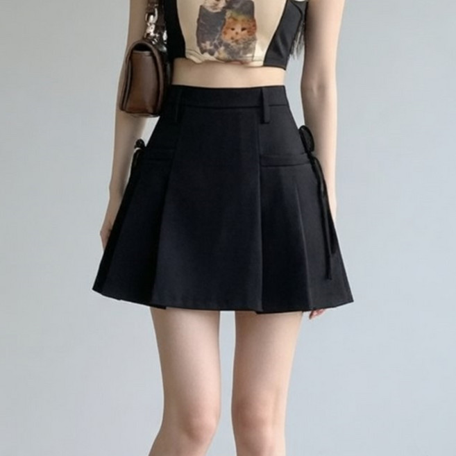 언헤브 여성용 사이드 리본 플리츠 미니스커트