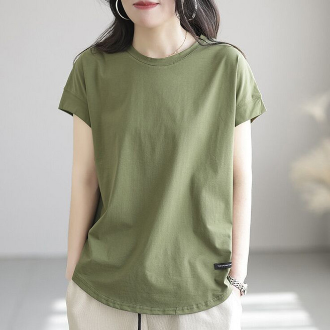 디멜디 여성용 짧은소매 라운드넥 민무늬 반팔티셔츠