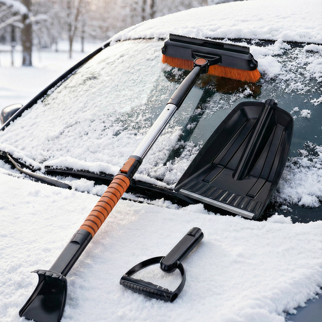 룸앤로드 차량용 3 in 1 분리형 보관 제설 브러시 눈삽 성에제거기 세트, 1세트