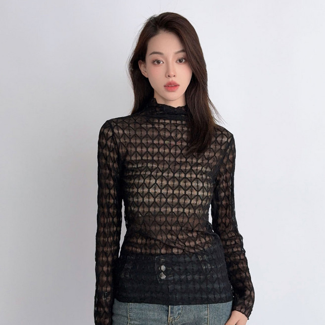 더시럽 여성용 시스루 물결 긴팔 니트 티셔츠