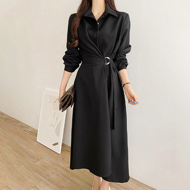 페이릿 여성용 벨트 랩스타일 셔츠형 카라넥 롱원피스