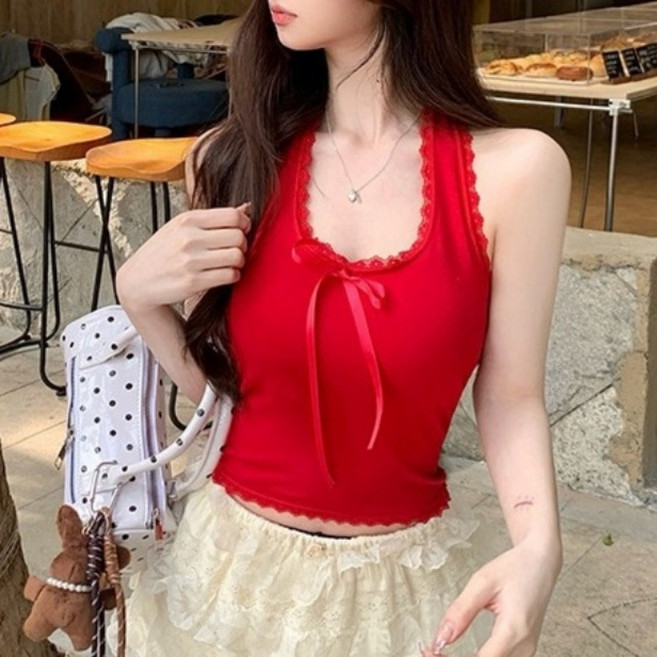 I'M MONG 女款修身掛脖蕾絲飾邊蝴蝶結無袖T恤 R6H242