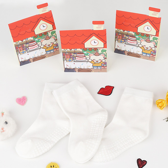 노디자인 유아용 미끄럼방지 해피 베어 양말 3켤레 선물 세트