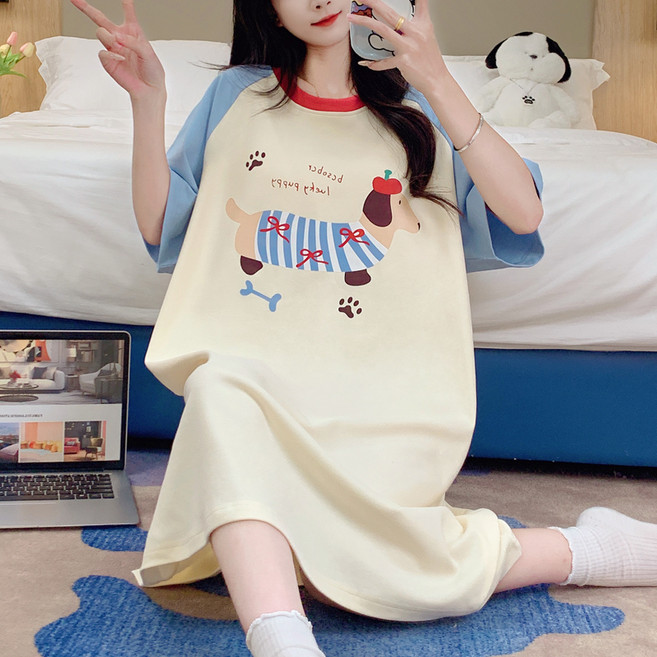 세컨핑크 여성용 캐주얼 엣센스 반팔 오버핏 원피스 홈웨어