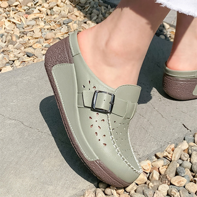 J SHOE 女款牛皮層次厚底沖孔穆勒拖鞋, 綠色, 230
