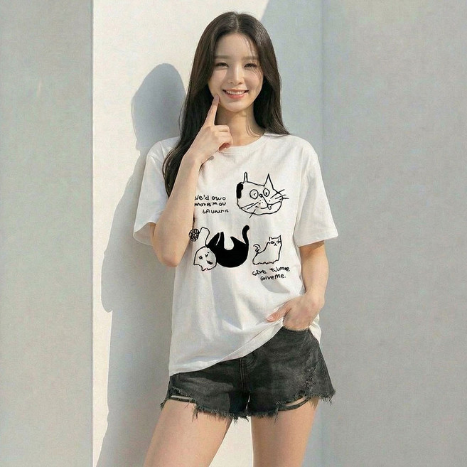 MEICHEL 女款瑪格麗特大尺碼圓領貓咪短袖T恤 12699