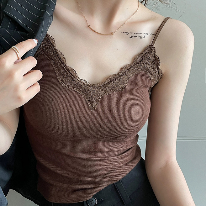 라라티나 여성용 재스터 브이넥 레이스 골지 이너 브라패드포함 끈나시