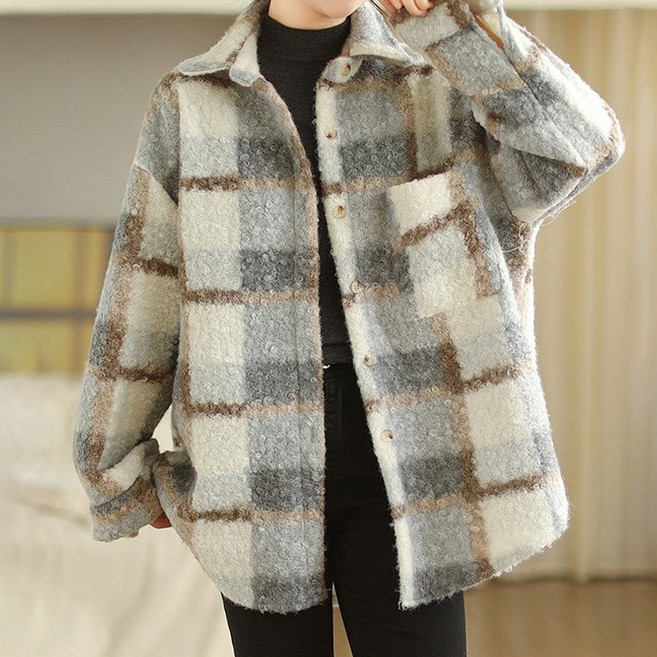 퀸이즈 여성용 빅사이즈 체크 뽀글이 도톰 셔츠 자켓