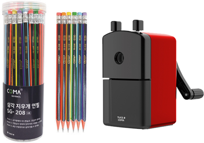 투코비 코마 삼각 지우개 연필 SG-208HB 48p + 연필깎이 TC-M1, 레드, 1세트