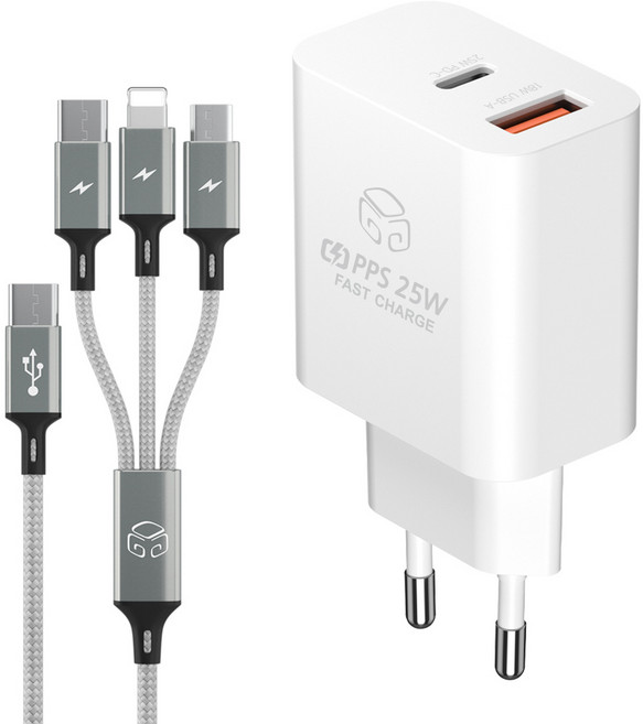 디지지 PD 25W PPS 2포트 초고속 충전기 + 3in1 스카이메타C 멀티 케이블 150cm 세트, 화이트(충전기), 메탈실버(케이블), 1세트