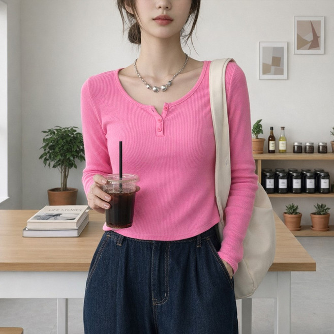 언헤브여성용헨리넥골지티셔츠