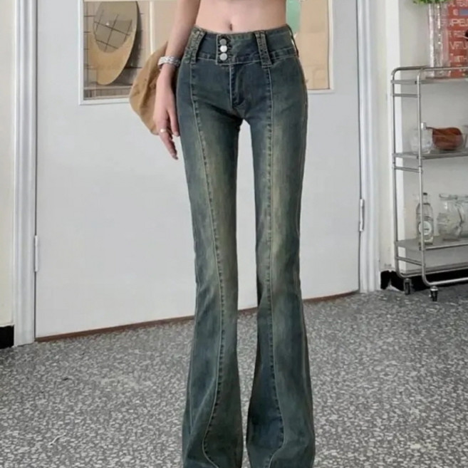 피어니스트 여성용 트리플 버튼 하이웨스트 부츠컷 청바지