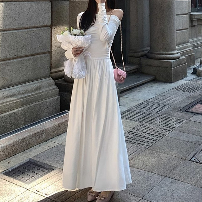 Goodif 女款經典可愛露肩長版連身裙, 白色