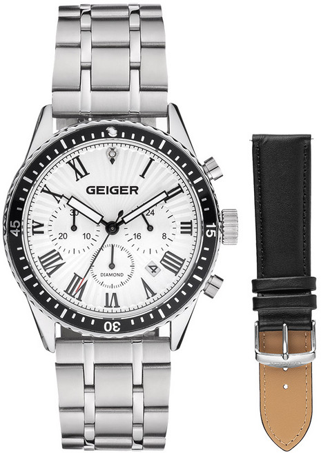 가이거 남성용 다이아몬드 멀티펑션 메탈시계 GE8058WS + 가죽밴드 세트