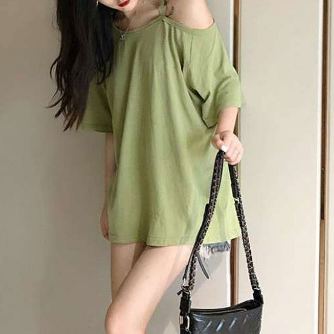 더시럽 여성용 민무늬 단색 원숄더 반팔티