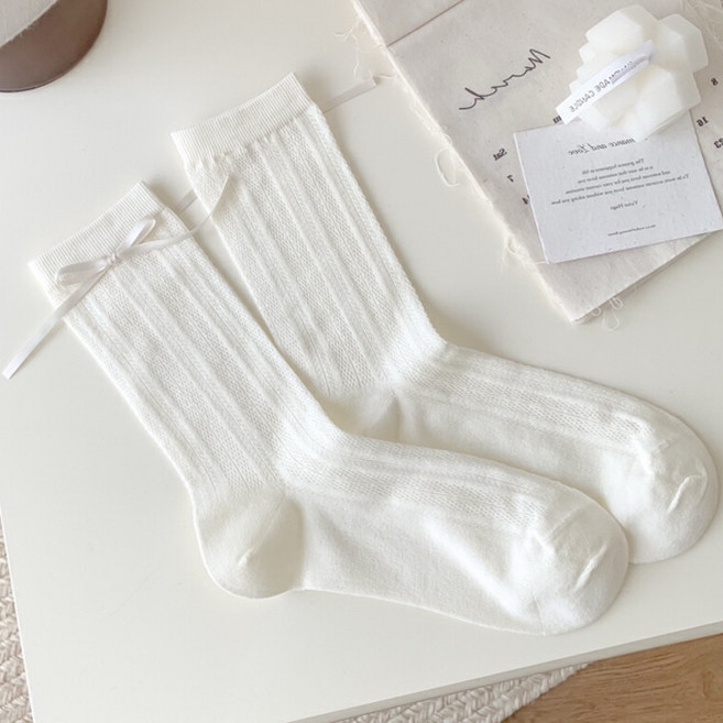 마켓피아 여성용 리본 장식 골지 패션 양말 2켤레