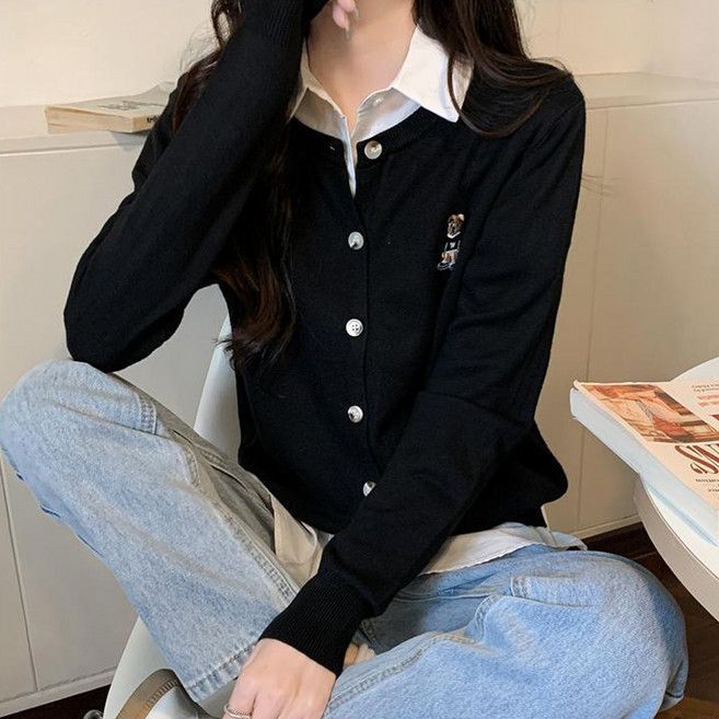 Elsso 女款小熊刺繡基本款針織外套
