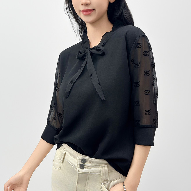 TheSirup 女款大尺碼透膚泡泡袖七分袖上衣