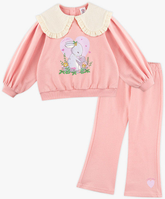 WALTONKIDS 女童款兔子印花大荷葉邊領長袖上衣+喇叭褲套裝