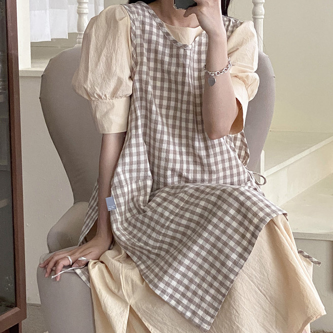 한스데이 국내 제조 체크 미니트임 앞치마, 베이지체크, 1개