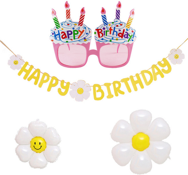 조이파티 데이지 생일가랜드 + 풍선 소형 + 중형 + 생일컵케익 안경 세트, 혼합색상, 1세트