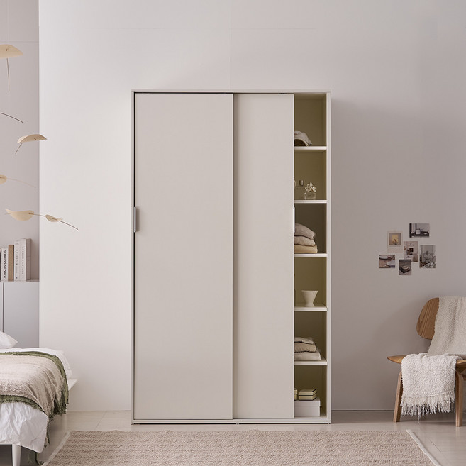 웰퍼니쳐 트로이 슬라이딩 옷장 1200 선반형 방문설치, 크림 아이보리