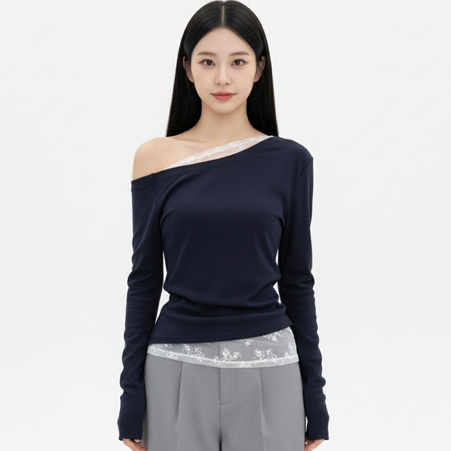 Marketpia 女款抓皺不對稱蕾絲長袖上衣T恤