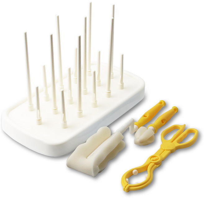 베이비베어 국내 제조 젖병솔 + 젖꼭지솔 + 젖병집게 + 젖병건조대, 옐로우, 1세트