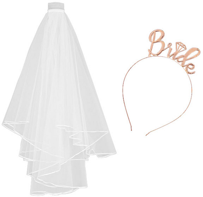 조이파티 브라이덜샤워 면사포 + 메탈릭 머리띠 세트, 화이트(면사포), 로즈골드(머리띠), 1세트