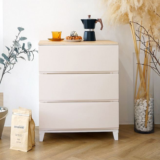 보노하우스 세라비 우드상판 와이드형 서랍장, 크림, 3단